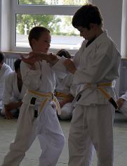 Kinder die eine Aikido-Technick in einer Reihe üben.